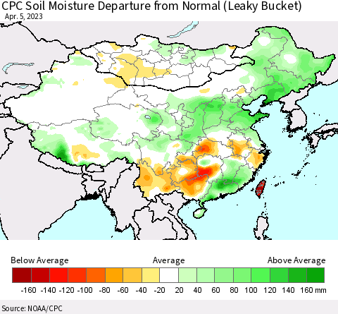 China, Mongolia and Taiwan CPC Soil Moisture Departure from Normal (Leaky Bucket) Thematic Map For 4/1/2023 - 4/5/2023