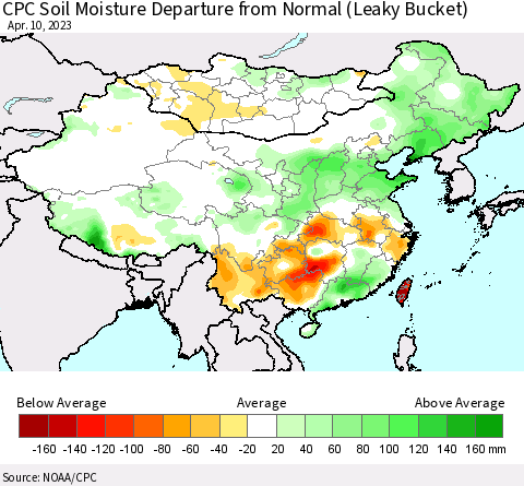 China, Mongolia and Taiwan CPC Soil Moisture Departure from Normal (Leaky Bucket) Thematic Map For 4/6/2023 - 4/10/2023
