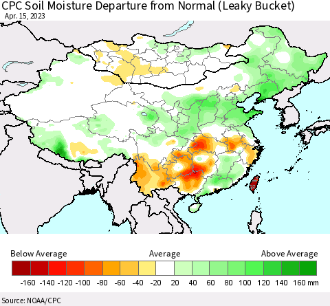 China, Mongolia and Taiwan CPC Soil Moisture Departure from Normal (Leaky Bucket) Thematic Map For 4/11/2023 - 4/15/2023