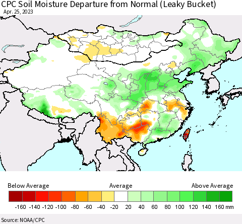 China, Mongolia and Taiwan CPC Soil Moisture Departure from Normal (Leaky Bucket) Thematic Map For 4/21/2023 - 4/25/2023
