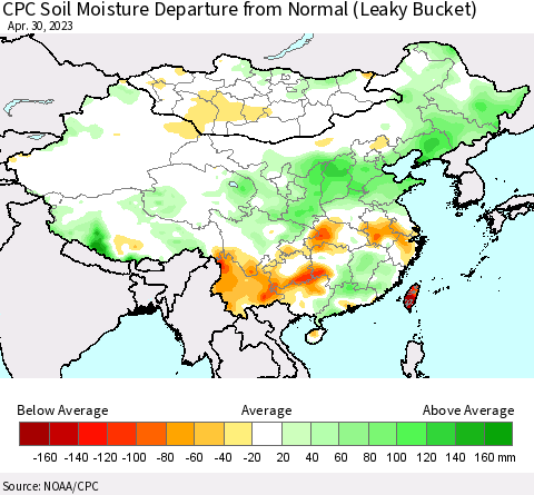 China, Mongolia and Taiwan CPC Soil Moisture Departure from Normal (Leaky Bucket) Thematic Map For 4/26/2023 - 4/30/2023