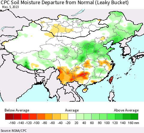 China, Mongolia and Taiwan CPC Soil Moisture Departure from Normal (Leaky Bucket) Thematic Map For 5/1/2023 - 5/5/2023