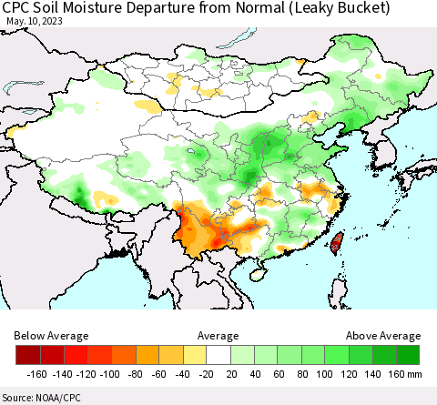 China, Mongolia and Taiwan CPC Soil Moisture Departure from Normal (Leaky Bucket) Thematic Map For 5/6/2023 - 5/10/2023