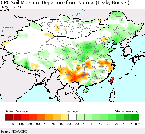 China, Mongolia and Taiwan CPC Soil Moisture Departure from Normal (Leaky Bucket) Thematic Map For 5/11/2023 - 5/15/2023