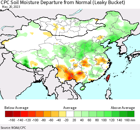 China, Mongolia and Taiwan CPC Soil Moisture Departure from Normal (Leaky Bucket) Thematic Map For 5/16/2023 - 5/20/2023