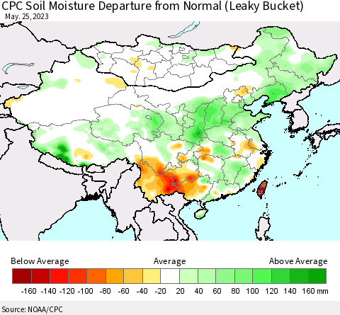China, Mongolia and Taiwan CPC Soil Moisture Departure from Normal (Leaky Bucket) Thematic Map For 5/21/2023 - 5/25/2023