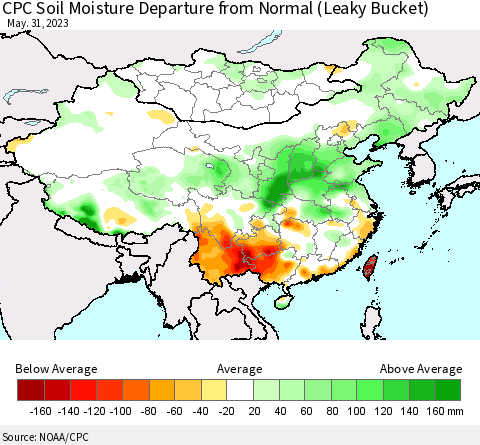 China, Mongolia and Taiwan CPC Soil Moisture Departure from Normal (Leaky Bucket) Thematic Map For 5/26/2023 - 5/31/2023