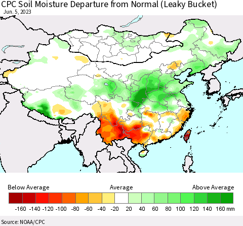 China, Mongolia and Taiwan CPC Soil Moisture Departure from Normal (Leaky Bucket) Thematic Map For 6/1/2023 - 6/5/2023