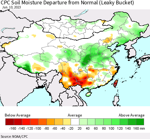China, Mongolia and Taiwan CPC Soil Moisture Departure from Normal (Leaky Bucket) Thematic Map For 6/6/2023 - 6/10/2023