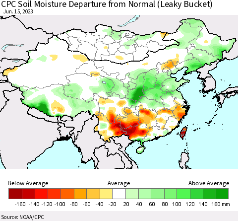 China, Mongolia and Taiwan CPC Soil Moisture Departure from Normal (Leaky Bucket) Thematic Map For 6/11/2023 - 6/15/2023
