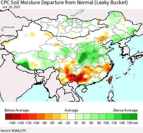 China, Mongolia and Taiwan CPC Soil Moisture Departure from Normal (Leaky Bucket) Thematic Map For 6/16/2023 - 6/20/2023