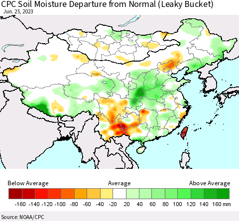 China, Mongolia and Taiwan CPC Soil Moisture Departure from Normal (Leaky Bucket) Thematic Map For 6/21/2023 - 6/25/2023