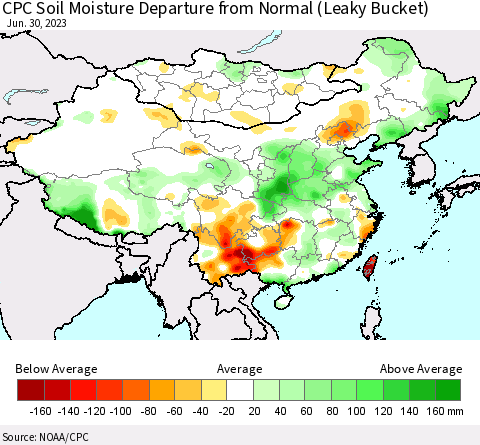 China, Mongolia and Taiwan CPC Soil Moisture Departure from Normal (Leaky Bucket) Thematic Map For 6/26/2023 - 6/30/2023