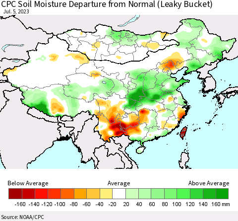 China, Mongolia and Taiwan CPC Soil Moisture Departure from Normal (Leaky Bucket) Thematic Map For 7/1/2023 - 7/5/2023