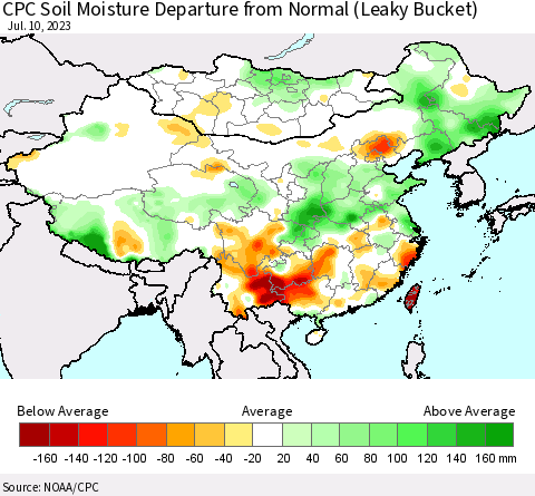 China, Mongolia and Taiwan CPC Soil Moisture Departure from Normal (Leaky Bucket) Thematic Map For 7/6/2023 - 7/10/2023