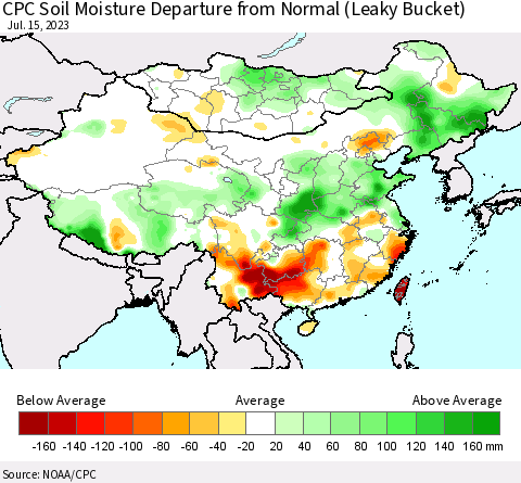 China, Mongolia and Taiwan CPC Soil Moisture Departure from Normal (Leaky Bucket) Thematic Map For 7/11/2023 - 7/15/2023