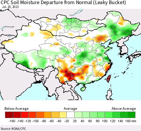 China, Mongolia and Taiwan CPC Soil Moisture Departure from Normal (Leaky Bucket) Thematic Map For 7/16/2023 - 7/20/2023