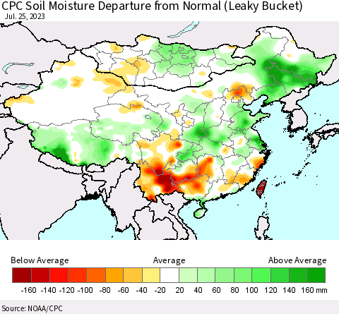 China, Mongolia and Taiwan CPC Soil Moisture Departure from Normal (Leaky Bucket) Thematic Map For 7/21/2023 - 7/25/2023