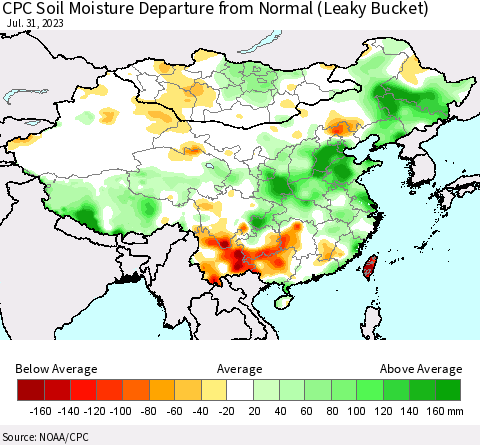 China, Mongolia and Taiwan CPC Soil Moisture Departure from Normal (Leaky Bucket) Thematic Map For 7/26/2023 - 7/31/2023