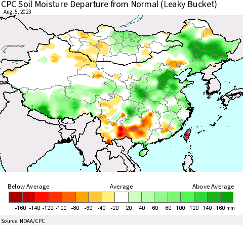 China, Mongolia and Taiwan CPC Soil Moisture Departure from Normal (Leaky Bucket) Thematic Map For 8/1/2023 - 8/5/2023