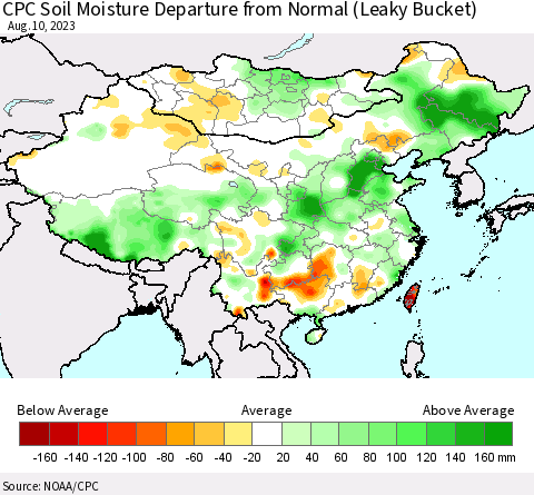 China, Mongolia and Taiwan CPC Soil Moisture Departure from Normal (Leaky Bucket) Thematic Map For 8/6/2023 - 8/10/2023