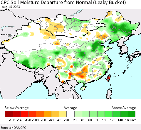 China, Mongolia and Taiwan CPC Soil Moisture Departure from Normal (Leaky Bucket) Thematic Map For 8/11/2023 - 8/15/2023