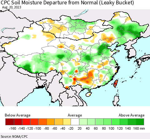 China, Mongolia and Taiwan CPC Soil Moisture Departure from Normal (Leaky Bucket) Thematic Map For 8/16/2023 - 8/20/2023