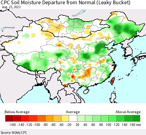 China, Mongolia and Taiwan CPC Soil Moisture Departure from Normal (Leaky Bucket) Thematic Map For 8/21/2023 - 8/25/2023