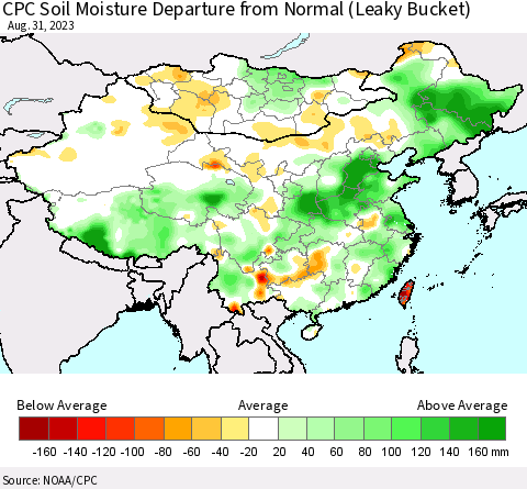 China, Mongolia and Taiwan CPC Soil Moisture Departure from Normal (Leaky Bucket) Thematic Map For 8/26/2023 - 8/31/2023