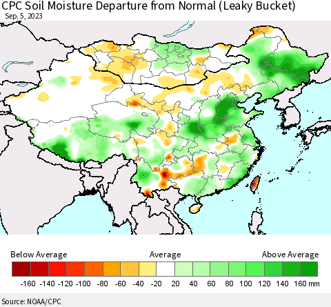 China, Mongolia and Taiwan CPC Soil Moisture Departure from Normal (Leaky Bucket) Thematic Map For 9/1/2023 - 9/5/2023
