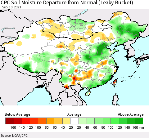 China, Mongolia and Taiwan CPC Soil Moisture Departure from Normal (Leaky Bucket) Thematic Map For 9/6/2023 - 9/10/2023
