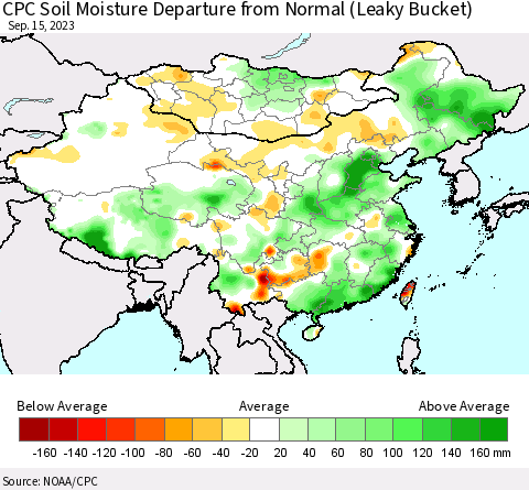 China, Mongolia and Taiwan CPC Soil Moisture Departure from Normal (Leaky Bucket) Thematic Map For 9/11/2023 - 9/15/2023