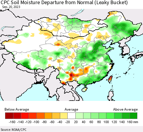 China, Mongolia and Taiwan CPC Soil Moisture Departure from Normal (Leaky Bucket) Thematic Map For 9/16/2023 - 9/20/2023