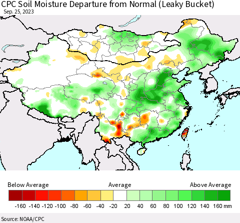 China, Mongolia and Taiwan CPC Soil Moisture Departure from Normal (Leaky Bucket) Thematic Map For 9/21/2023 - 9/25/2023