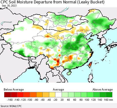 China, Mongolia and Taiwan CPC Soil Moisture Departure from Normal (Leaky Bucket) Thematic Map For 9/26/2023 - 9/30/2023