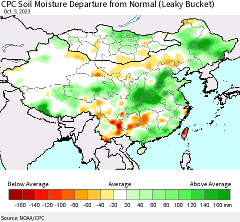 China, Mongolia and Taiwan CPC Soil Moisture Departure from Normal (Leaky Bucket) Thematic Map For 10/1/2023 - 10/5/2023