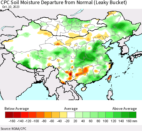 China, Mongolia and Taiwan CPC Soil Moisture Departure from Normal (Leaky Bucket) Thematic Map For 10/6/2023 - 10/10/2023