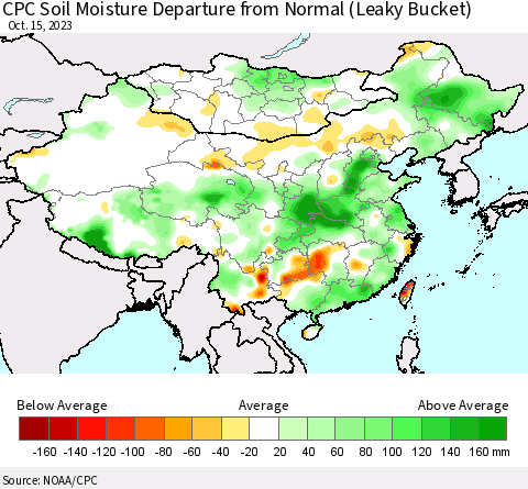 China, Mongolia and Taiwan CPC Soil Moisture Departure from Normal (Leaky Bucket) Thematic Map For 10/11/2023 - 10/15/2023