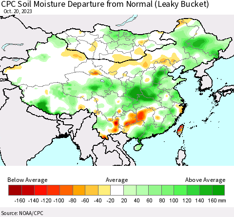 China, Mongolia and Taiwan CPC Soil Moisture Departure from Normal (Leaky Bucket) Thematic Map For 10/16/2023 - 10/20/2023