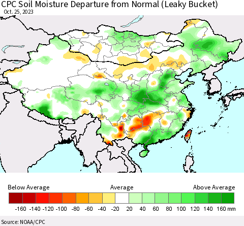 China, Mongolia and Taiwan CPC Soil Moisture Departure from Normal (Leaky Bucket) Thematic Map For 10/21/2023 - 10/25/2023