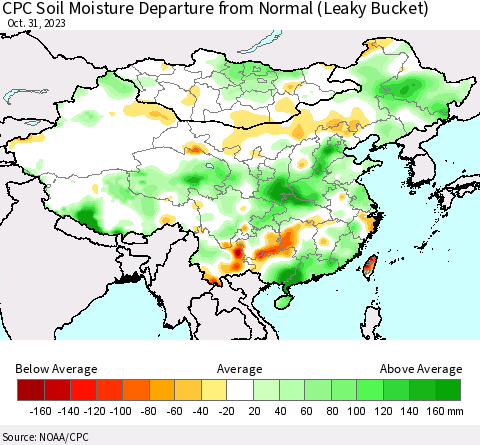 China, Mongolia and Taiwan CPC Soil Moisture Departure from Normal (Leaky Bucket) Thematic Map For 10/26/2023 - 10/31/2023