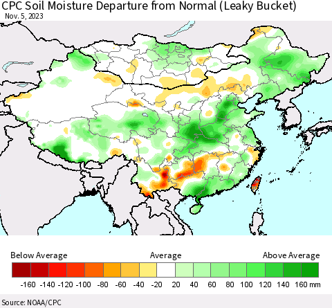 China, Mongolia and Taiwan CPC Soil Moisture Departure from Normal (Leaky Bucket) Thematic Map For 11/1/2023 - 11/5/2023