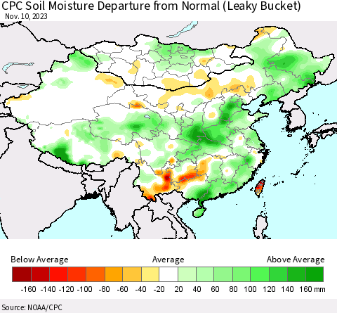 China, Mongolia and Taiwan CPC Soil Moisture Departure from Normal (Leaky Bucket) Thematic Map For 11/6/2023 - 11/10/2023