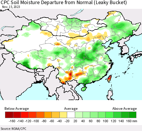China, Mongolia and Taiwan CPC Soil Moisture Departure from Normal (Leaky Bucket) Thematic Map For 11/11/2023 - 11/15/2023