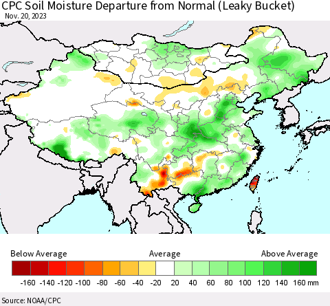 China, Mongolia and Taiwan CPC Soil Moisture Departure from Normal (Leaky Bucket) Thematic Map For 11/16/2023 - 11/20/2023