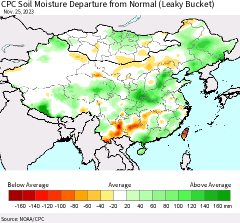 China, Mongolia and Taiwan CPC Soil Moisture Departure from Normal (Leaky Bucket) Thematic Map For 11/21/2023 - 11/25/2023