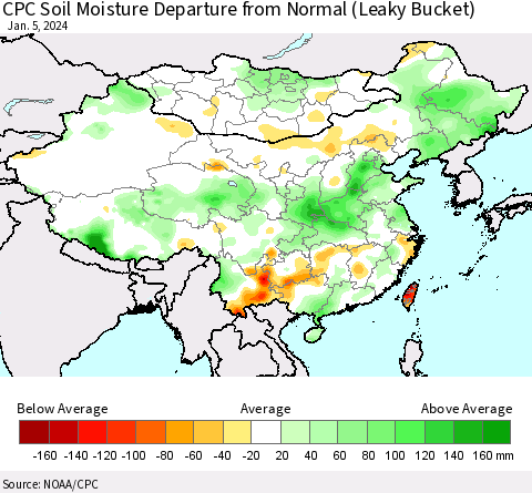 China, Mongolia and Taiwan CPC Soil Moisture Departure from Normal (Leaky Bucket) Thematic Map For 1/1/2024 - 1/5/2024
