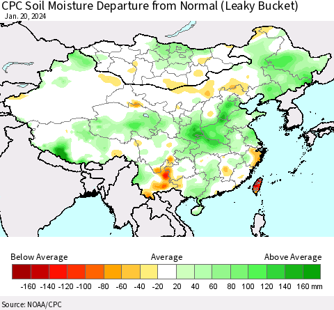 China, Mongolia and Taiwan CPC Soil Moisture Departure from Normal (Leaky Bucket) Thematic Map For 1/16/2024 - 1/20/2024