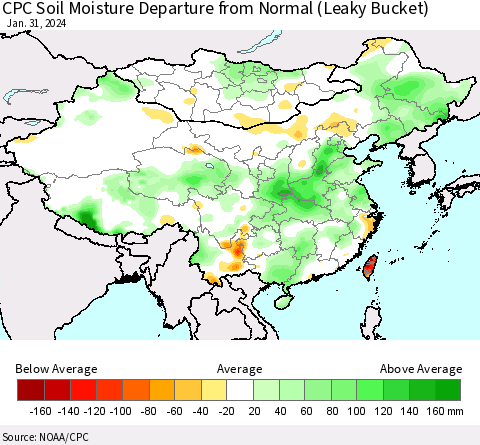 China, Mongolia and Taiwan CPC Soil Moisture Departure from Normal (Leaky Bucket) Thematic Map For 1/26/2024 - 1/31/2024