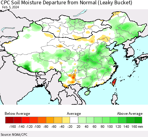 China, Mongolia and Taiwan CPC Soil Moisture Departure from Normal (Leaky Bucket) Thematic Map For 2/1/2024 - 2/5/2024